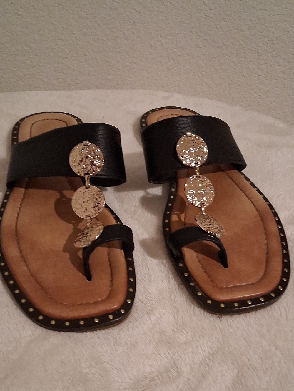 Coach and Four Black Slide Sandals with Gold Coin Accents